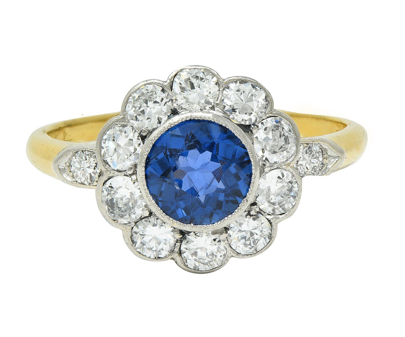 Art Deco 1.86 CTW No Heat Burma Sapphire Diamond Platinum 14 Karat Gold Halo Ring