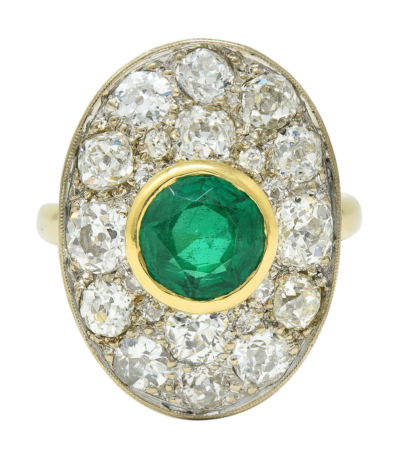 Mid-Century French 4.22 CTW Emerald Diamond Platinum 18 Karat Gold Cluster Ring GIA