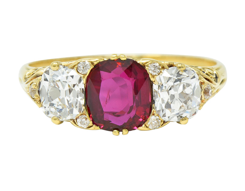 Victorian 2.70 CTW No Heat Burma Ruby Diamond Three Stone 18 Karat Yellow Gold Antique Ring AGL