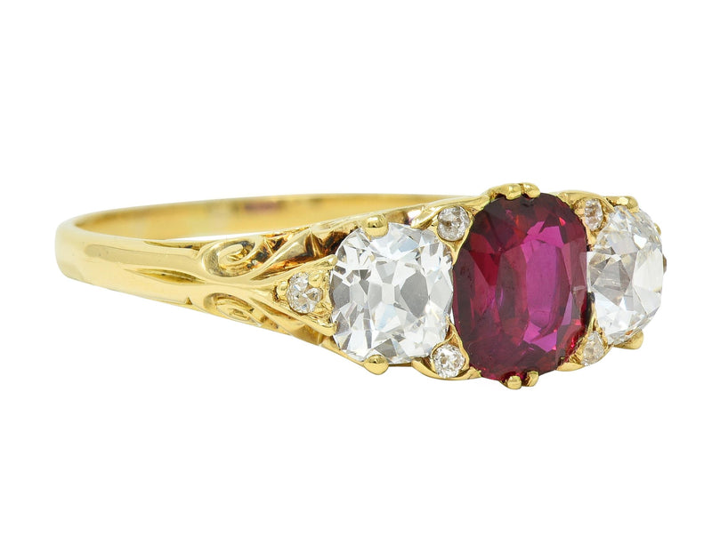 Victorian 2.70 CTW No Heat Burma Ruby Diamond Three Stone 18 Karat Yellow Gold Antique Ring AGL