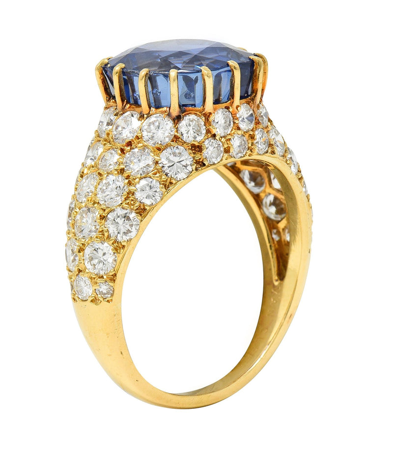 Van Cleef & Arpels French 1980s 12.05 CTW No Heat Ceylon Sapphire Diamond 18 Karat Yellow Gold Ring AGL