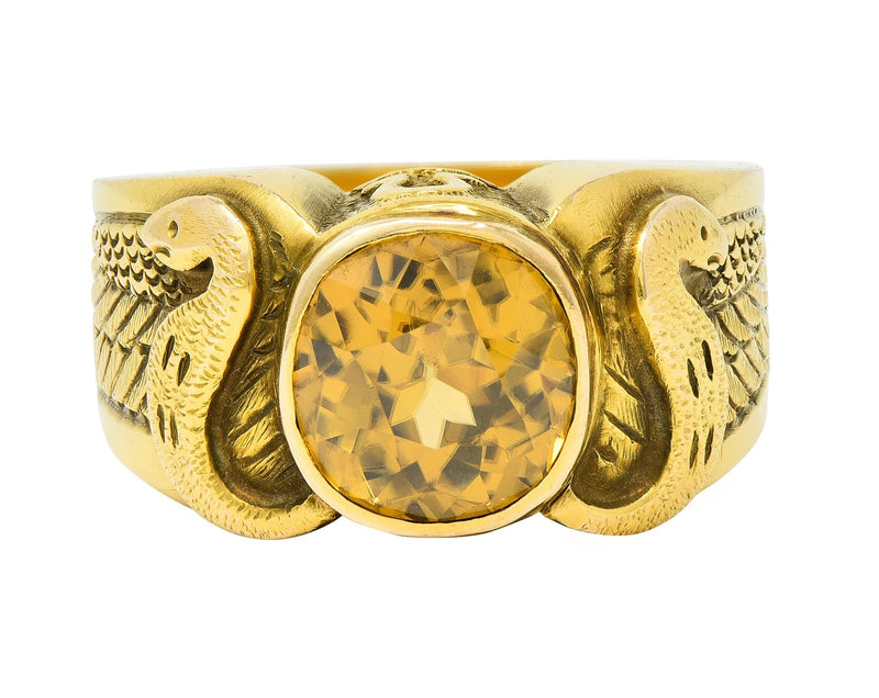 Art Nouveau 4.57 CTW Zircon 14 Karat Yellow Gold Winged Serpent Antique Men’s Unisex Ring