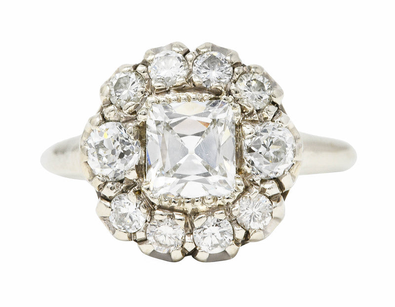 Retro 1.50 CTW Old Mine Cut Diamond 14 Karat White Gold Vintage Cluster Engagement Ring