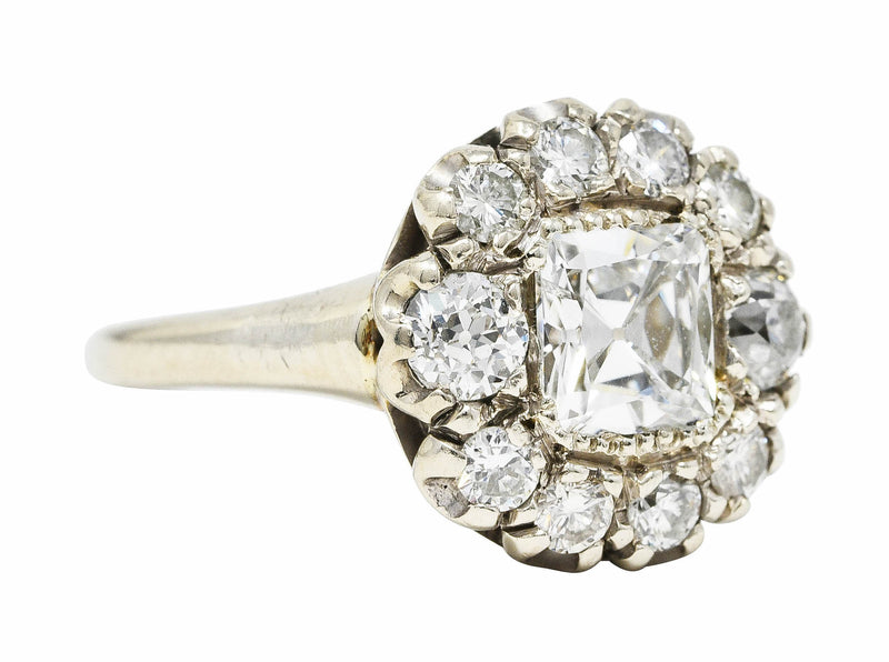 Retro 1.50 CTW Old Mine Cut Diamond 14 Karat White Gold Vintage Cluster Engagement Ring