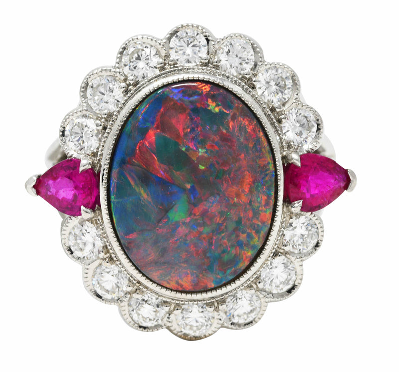 Black Opal Ruby Diamond Platinum Cluster Cocktail Vintage Ring