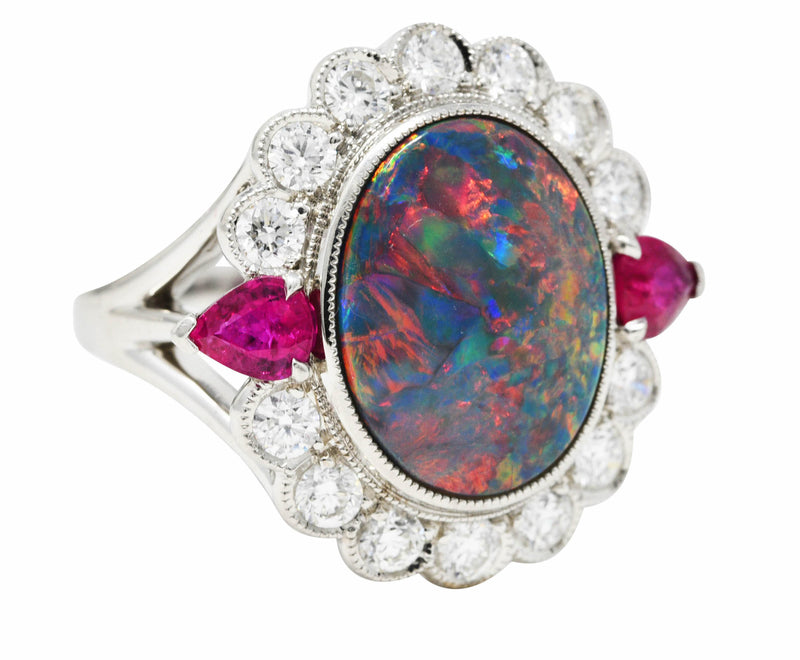 Black Opal Ruby Diamond Platinum Cluster Cocktail Vintage Ring