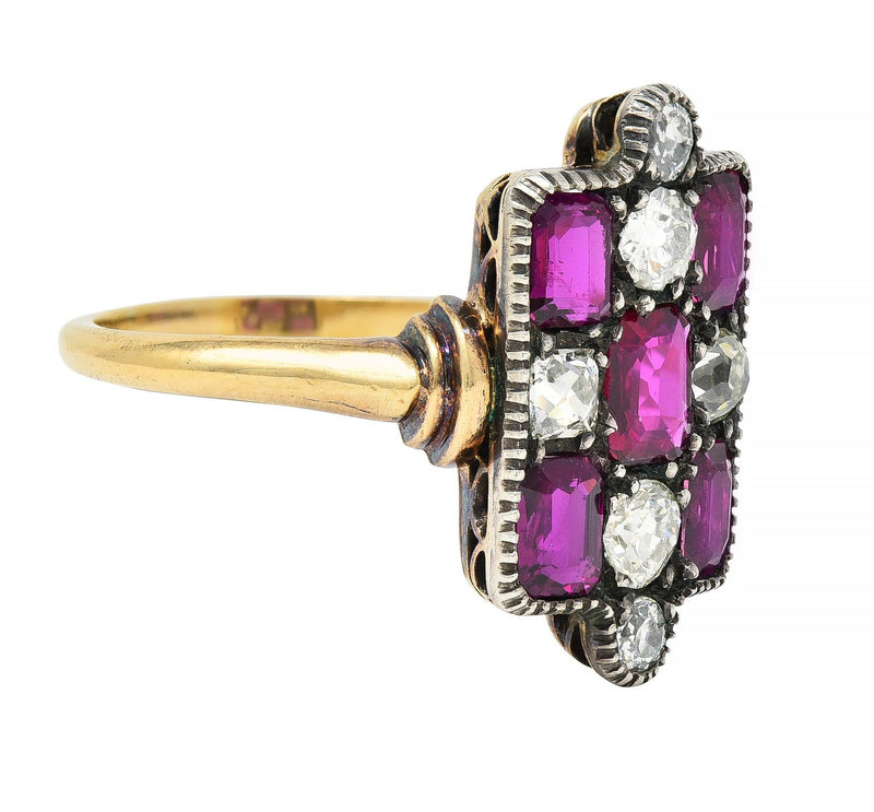 Victorian 3.74 CTW Diamond Ruby Silver 18 Karat Gold Checkerboard Navette Ring