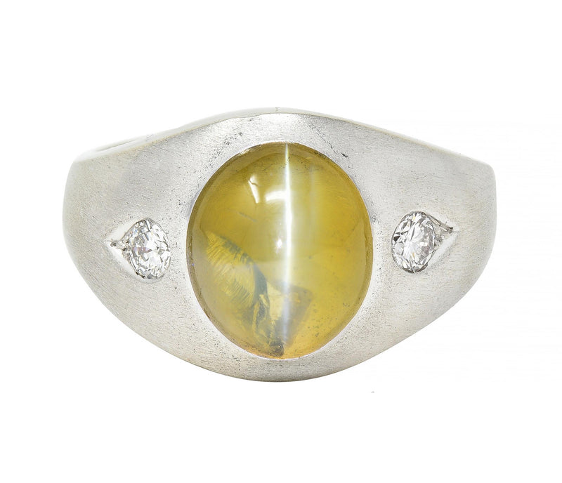 Modernist Cat’s Eye Chrysoberyl Diamond 14 Karat White Gold Vintage Signet Ring