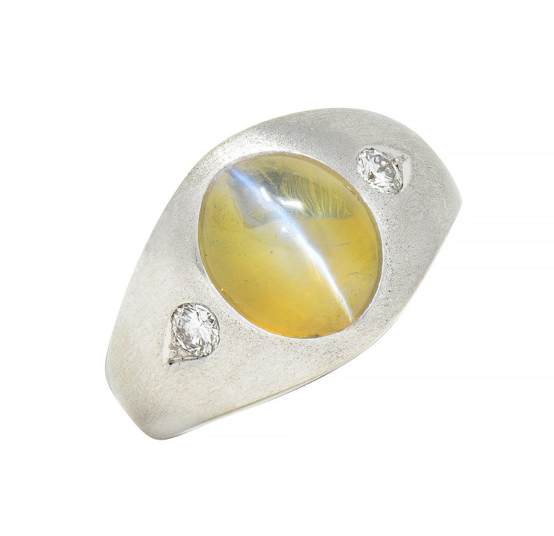 Modernist Cat’s Eye Chrysoberyl Diamond 14 Karat White Gold Vintage Signet Ring