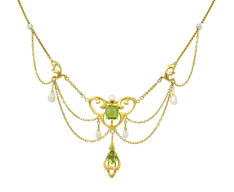 Edwardian Diamond Peridot Pearl Platinum 14 Karat Yellow Gold Antique Swagged Fringe Necklace