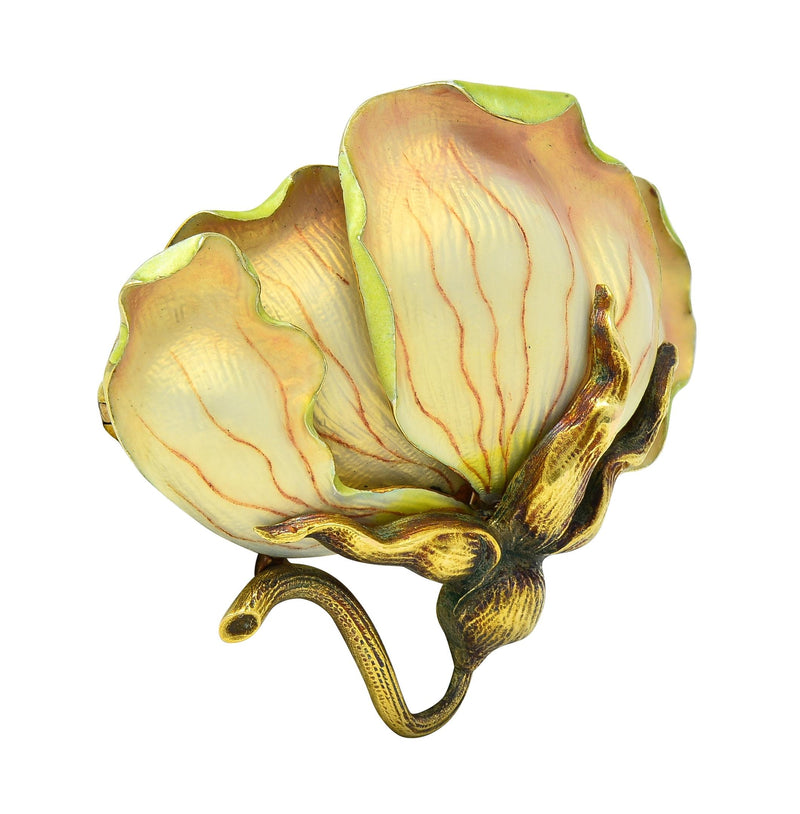 Art Nouveau Enamel 14 Karat Yellow Gold Antique Flower Brooch