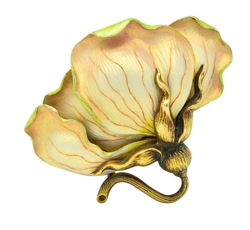 Art Nouveau Enamel 14 Karat Yellow Gold Antique Flower Brooch