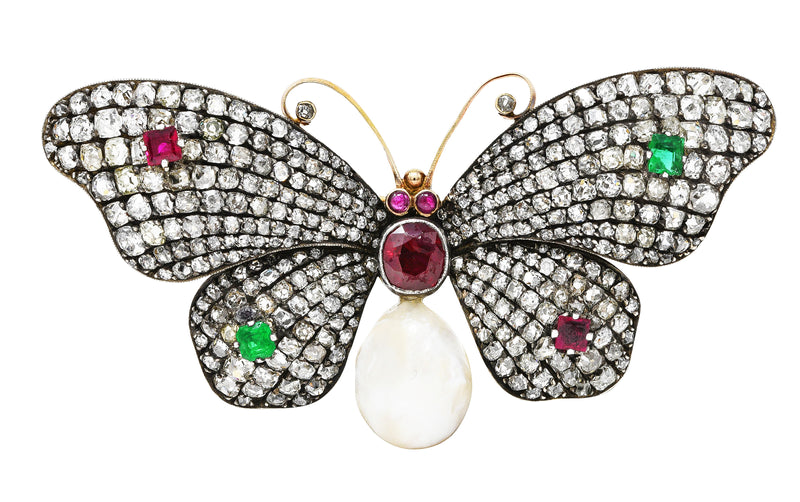 French Substantial Victorian Old Mine Cut Diamond Ruby Emerald Pearl 18 Karat Yellow Gold Silver Antique Butterfly Brooch