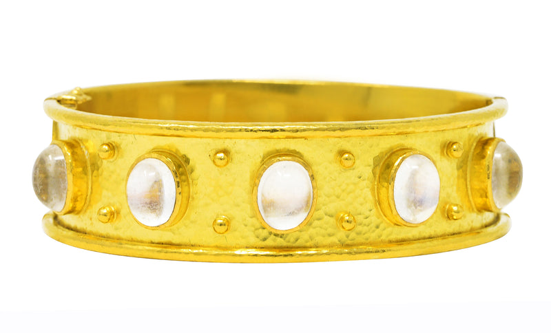 Elizabeth Locke Vintage Moonstone 19 Karat Yellow Gold Hammered Flat Wide Bangle Bracelet