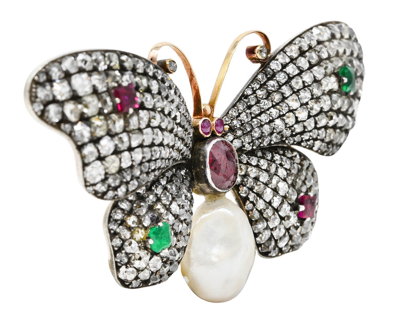 French Substantial Victorian Old Mine Cut Diamond Ruby Emerald Pearl 18 Karat Yellow Gold Silver Antique Butterfly Brooch