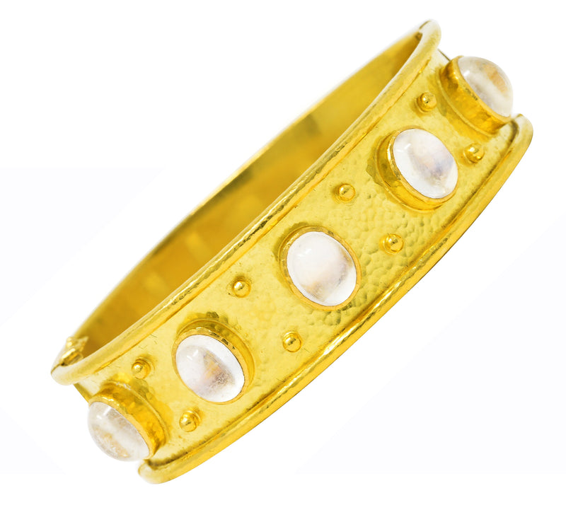 Elizabeth Locke Vintage Moonstone 19 Karat Yellow Gold Hammered Flat Wide Bangle Bracelet