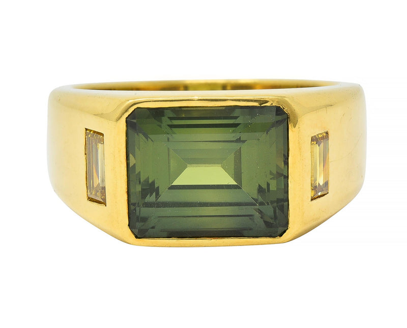 BRASH 8.08 CTW Green Sapphire Diamond 18 Karat Yellow Gold Three Stone Men’s Unisex Ring