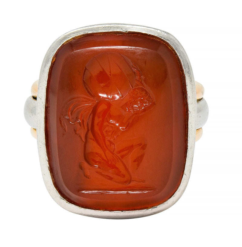 Victorian Carnelian Platinum 18 Karat Rose Gold Intaglio Atlas Antique Ring