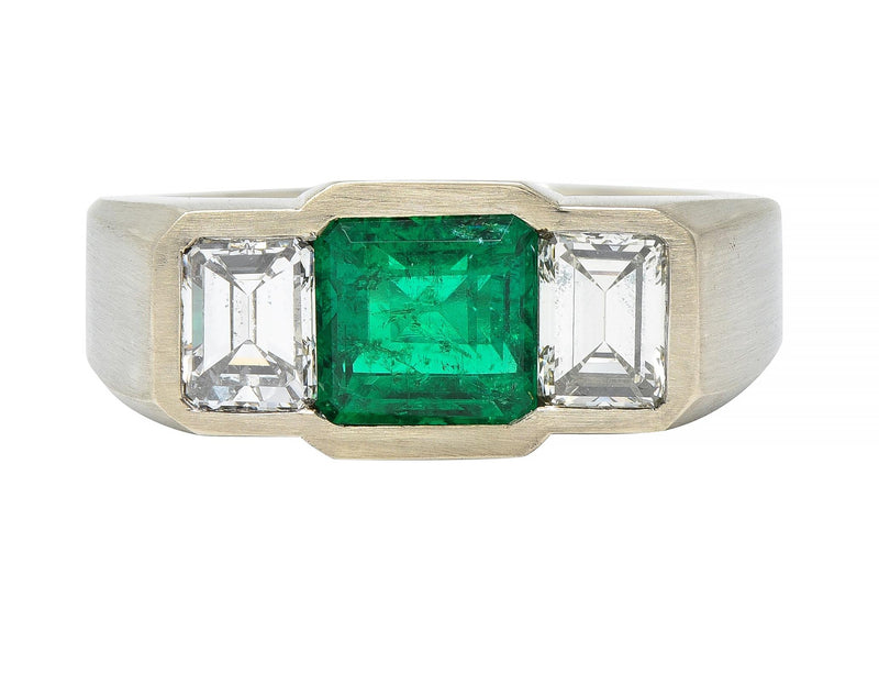 3.79 CTW Colombian Emerald Diamond 14 Karat White Gold Three Stone Men’s Unisex Ring AGL