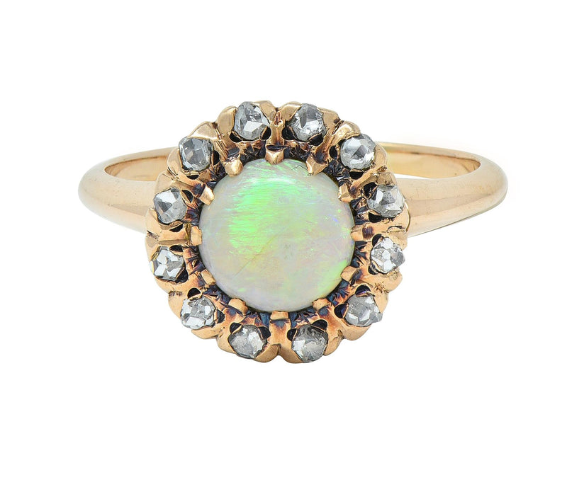 Victorian Opal Cabochon Diamond 14 Karat Yellow Gold Antique Halo Ring