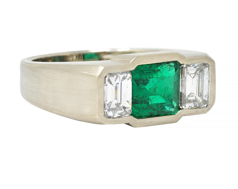 3.79 CTW Colombian Emerald Diamond 14 Karat White Gold Three Stone Men’s Unisex Ring AGL