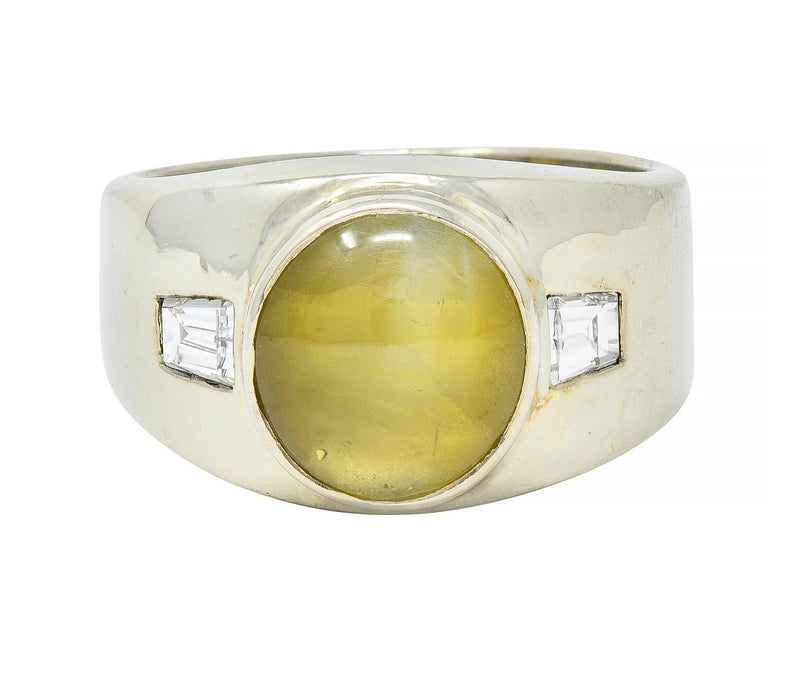 1960’s Cat’s Eye Chrysoberyl Diamond 14 Karat White Gold Three Stone Ring