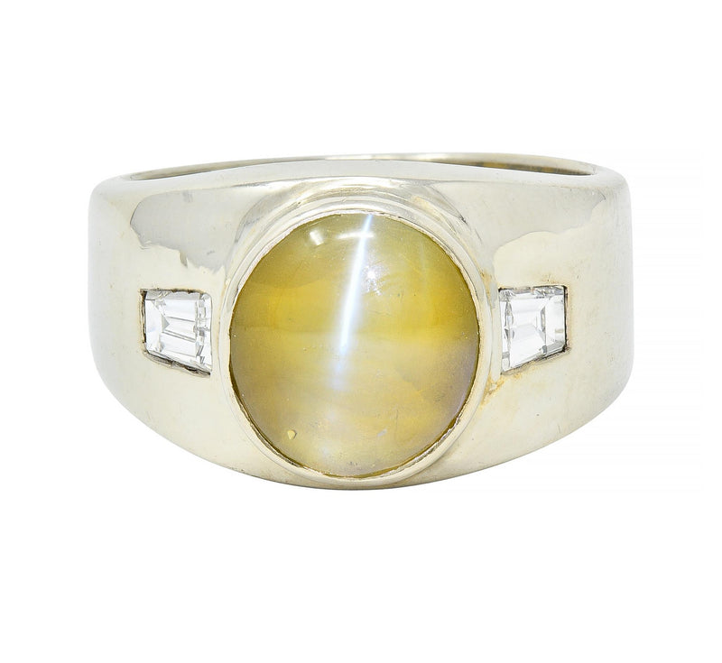 1960’s Cat’s Eye Chrysoberyl Diamond 14 Karat White Gold Three Stone Ring