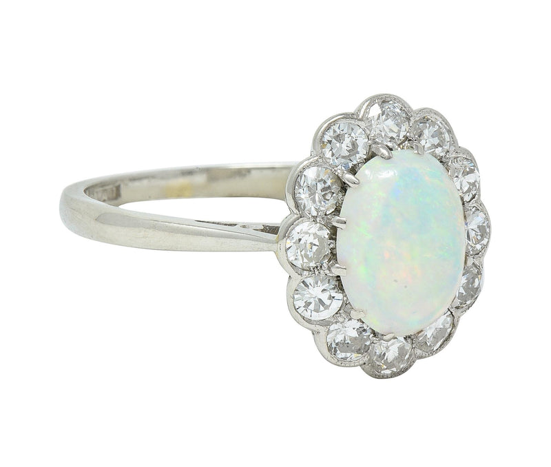 Edwardian 0.60 CTW Opal Diamond Platinum 18 Karat Gold Antique Halo Ring