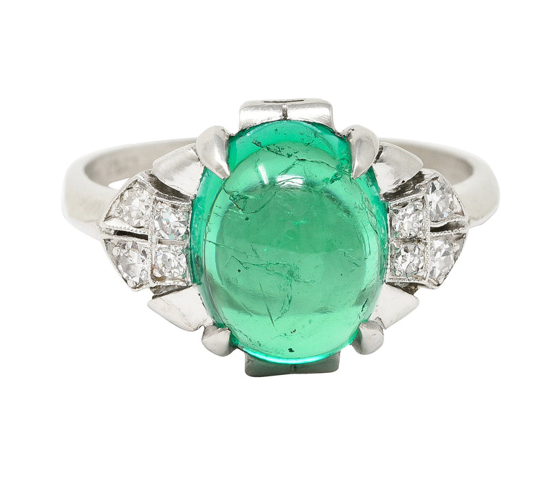 Art Deco 3.32 CTW Colombian Emerald Cabochon Diamond Platinum Bombay Gemstone Ring GIA