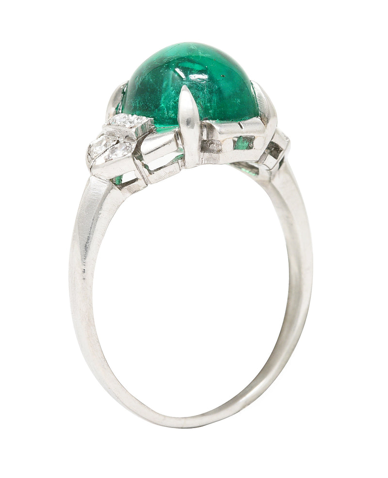 Art Deco 3.32 CTW Colombian Emerald Cabochon Diamond Platinum Bombay Gemstone Ring GIA