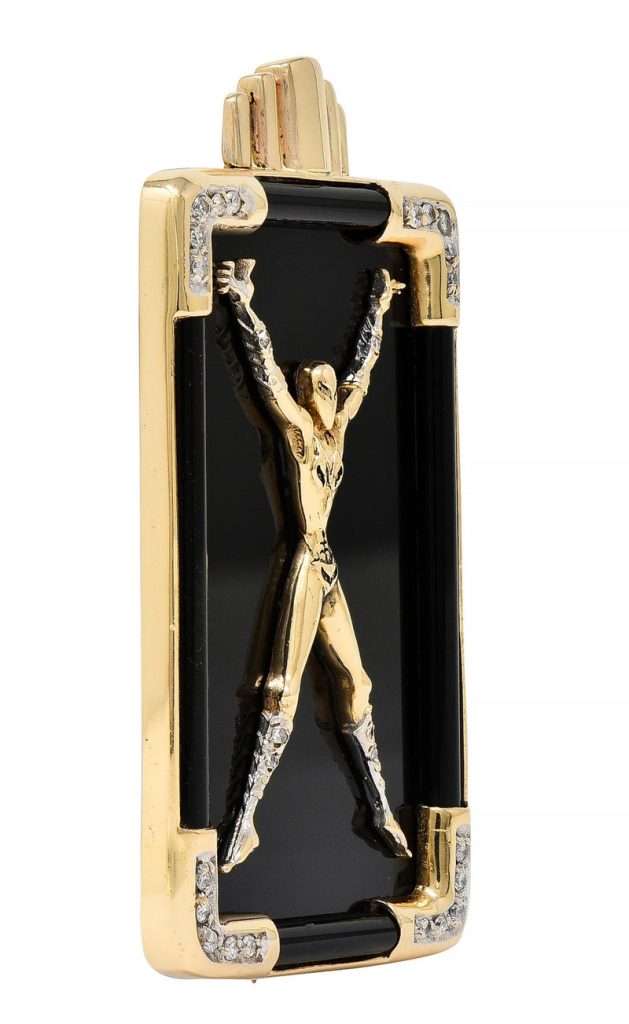 Erté 14 Karat Yellow Gold Diamond Onyx Alien “X” Alphabet 9 Brooch