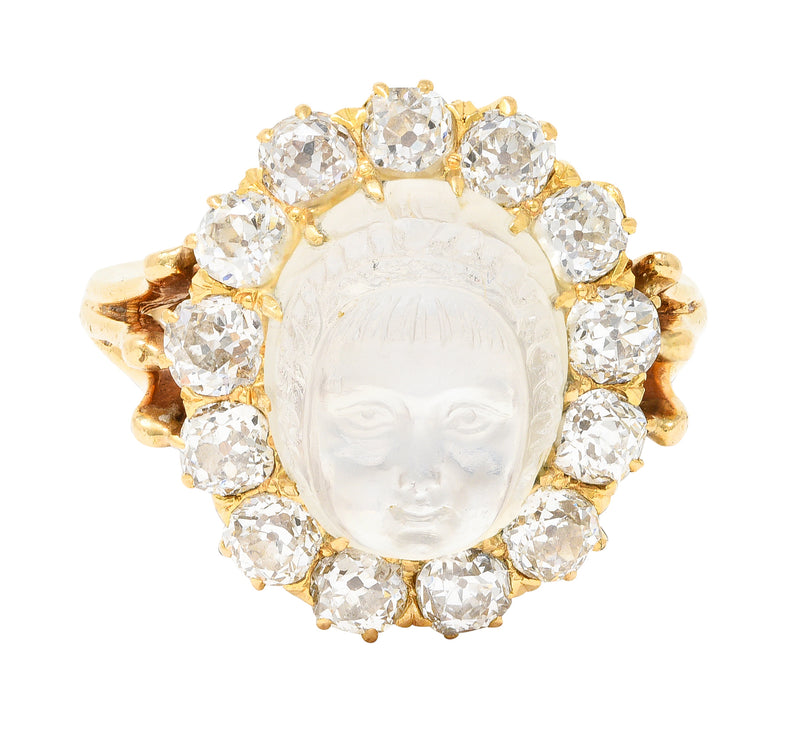 Victorian Carved Moonstone Cabochon Old European Cut Diamond Baby Cameo Antique Halo Ring