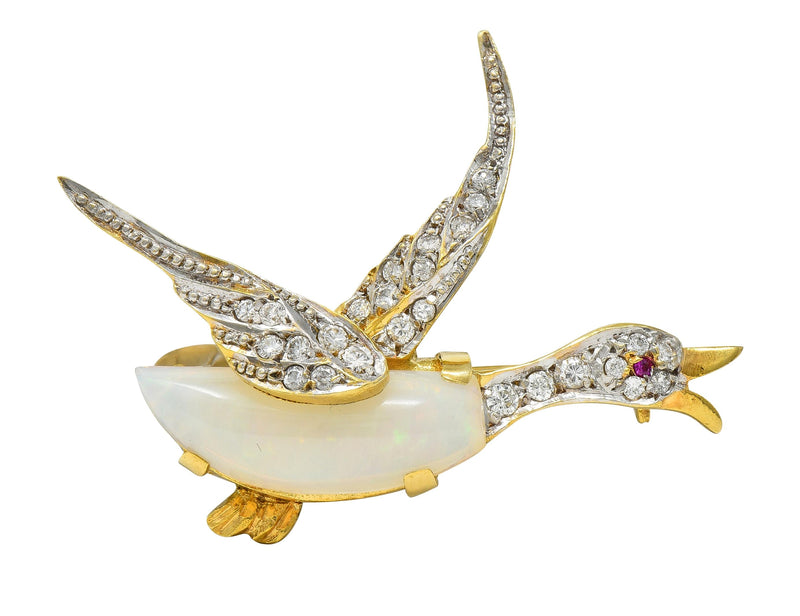 1960’s Opal Diamond Ruby Platinum 18 Karat Gold Vintage Goose Bird Brooch