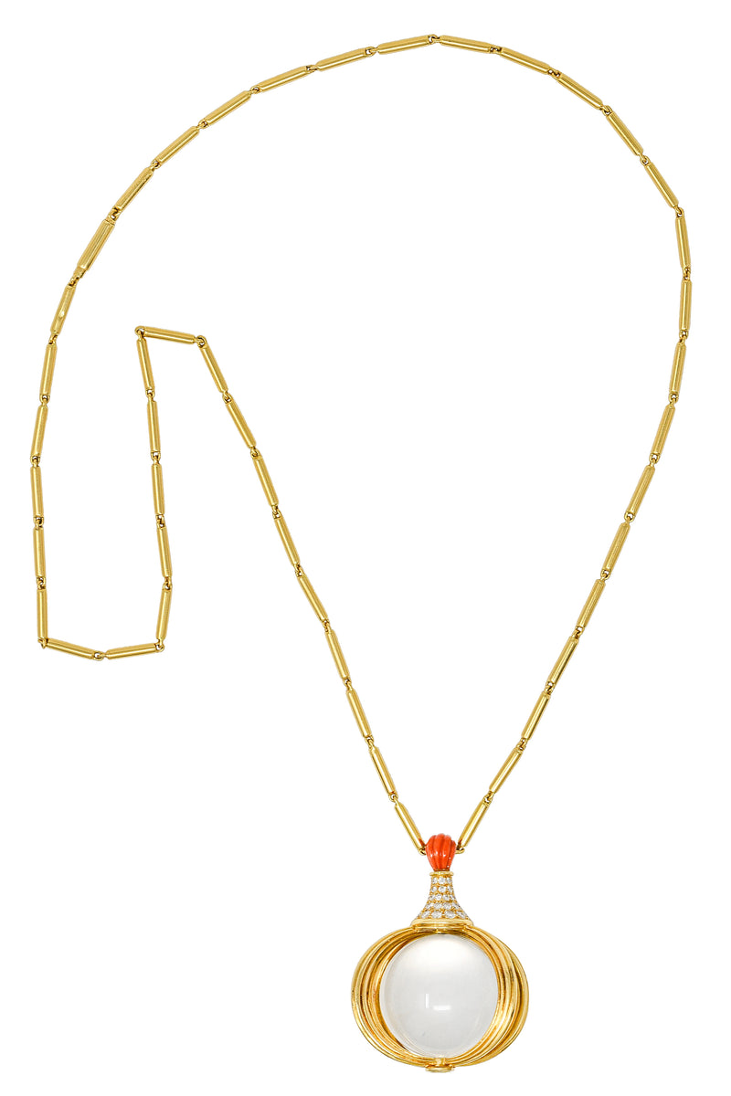 Van Cleef & Arpels Substantial French 1970’s Diamond Coral Crystal Quartz Sphere 18 Karat Yellow Gold Vintage Pendant Necklace Georges L’Enfant