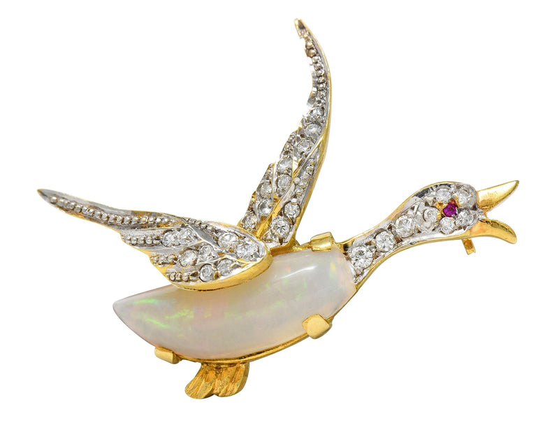 1960’s Opal Diamond Ruby Platinum 18 Karat Gold Vintage Goose Bird Brooch