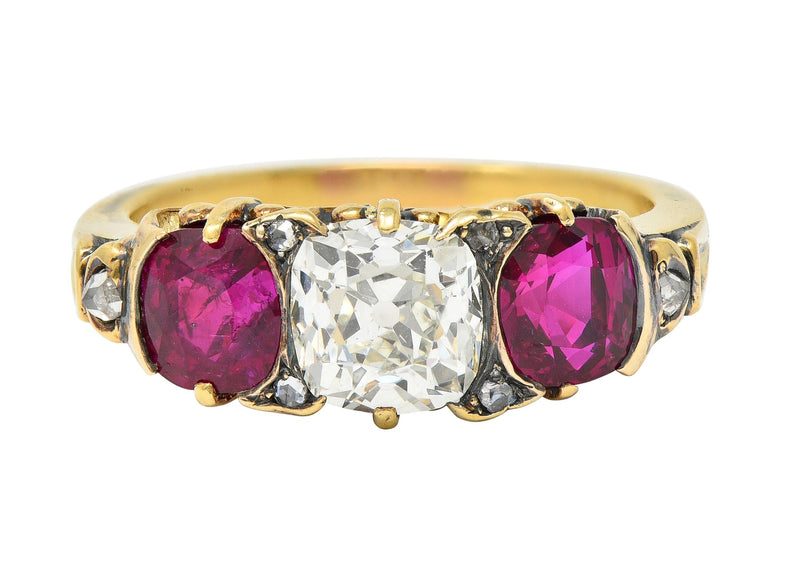 Victorian 3.40 CTW Diamond No Heat Burma Ruby 18 Karat Gold Antique Three Stone Ring GIA