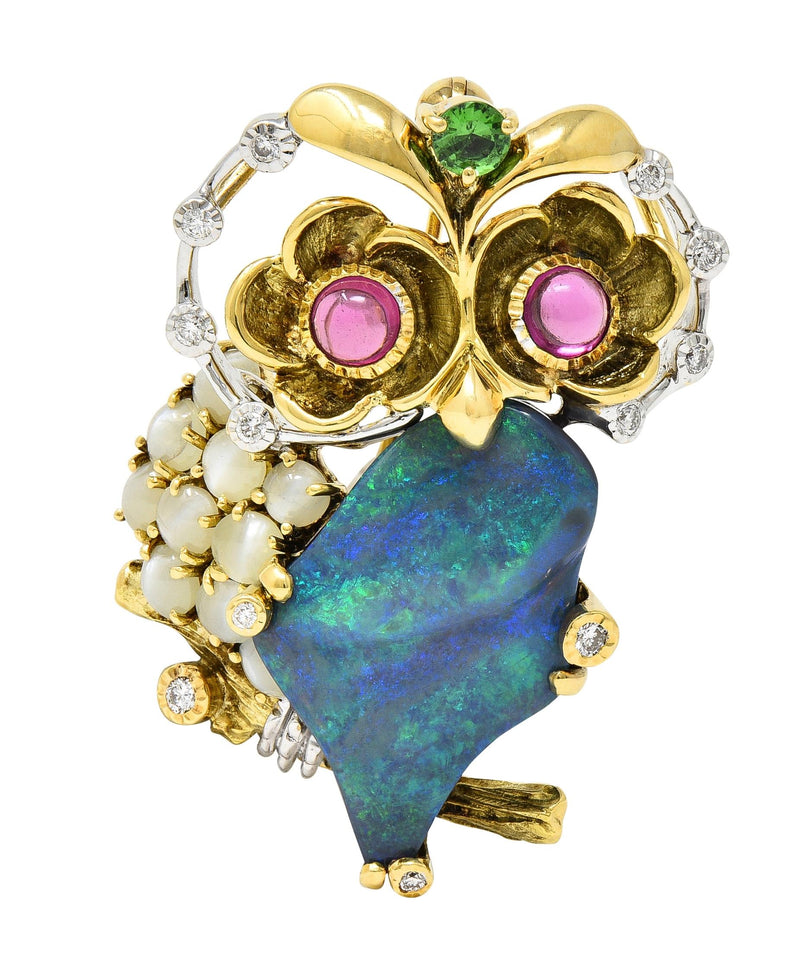 Contemporary Opal Multi-Gem 18 Karat Two-Tone Gold Owl Brooch