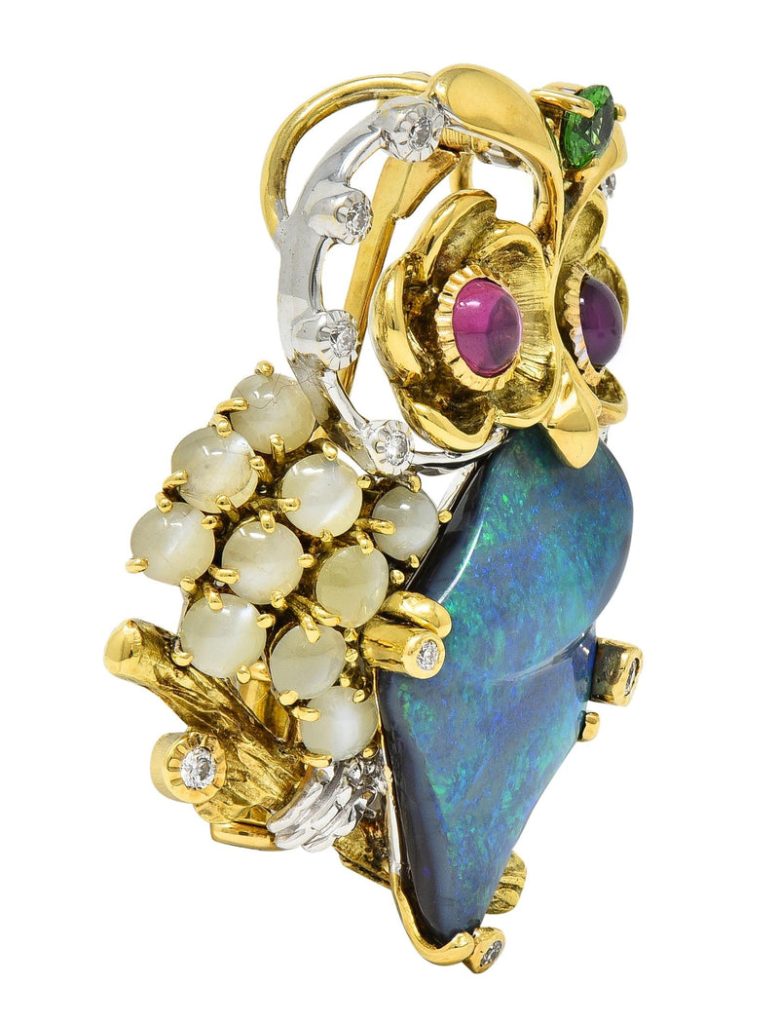 Contemporary Opal Multi-Gem 18 Karat Two-Tone Gold Owl Brooch