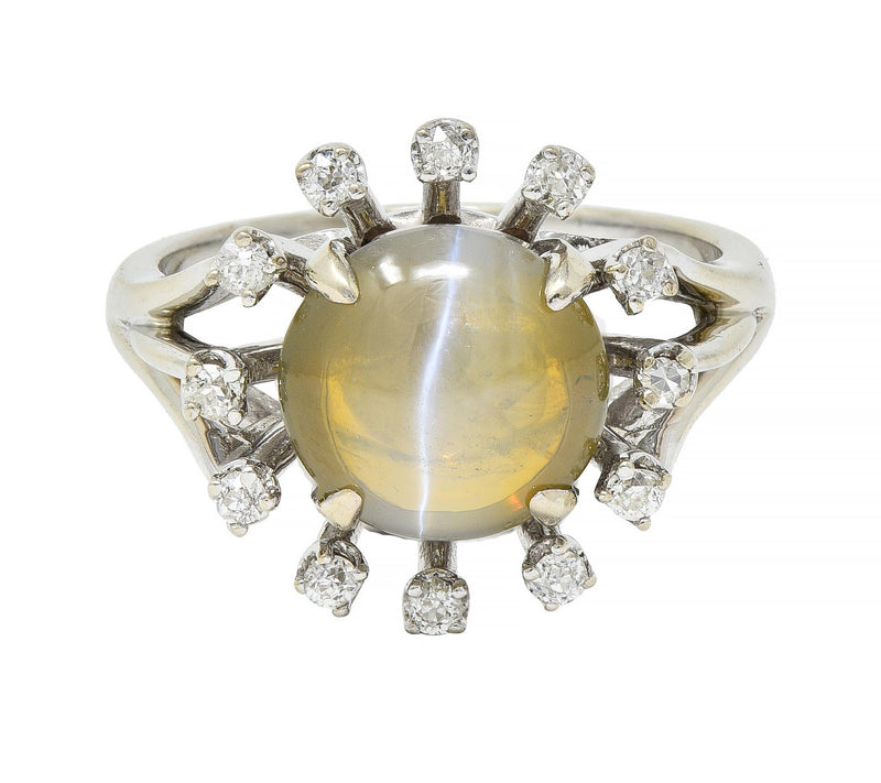 Mid-Century Cat’s Eye Chrysoberyl Diamond 14 Karat White Gold Cluster Ring