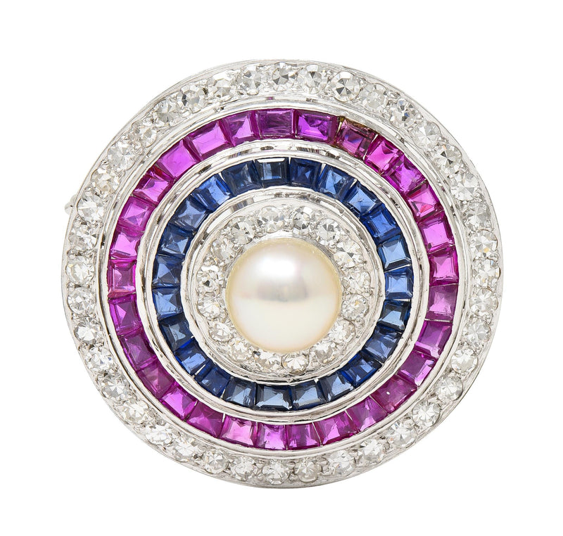 Art Deco 5.84 CTW Diamond Sapphire Ruby Pearl Circle Platinum Pendant Brooch