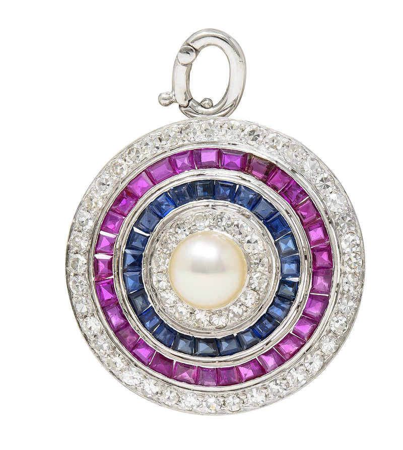 Art Deco 5.84 CTW Diamond Sapphire Ruby Pearl Circle Platinum Pendant Brooch