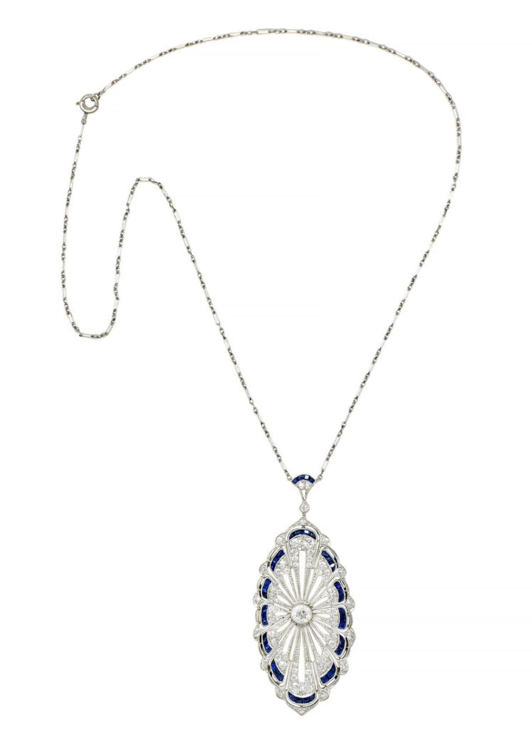 Art Deco Diamond Sapphire Platinum Radial Articulated Vintage Pendant Brooch Necklace