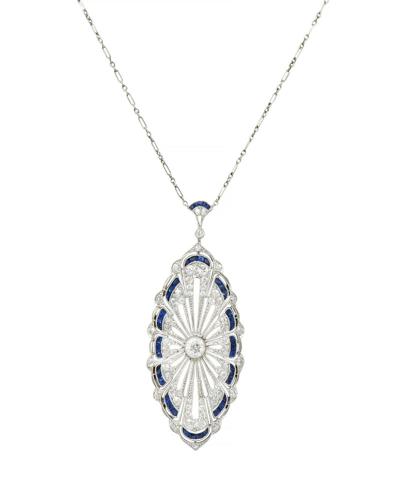 Art Deco Diamond Sapphire Platinum Radial Articulated Vintage Pendant Brooch Necklace