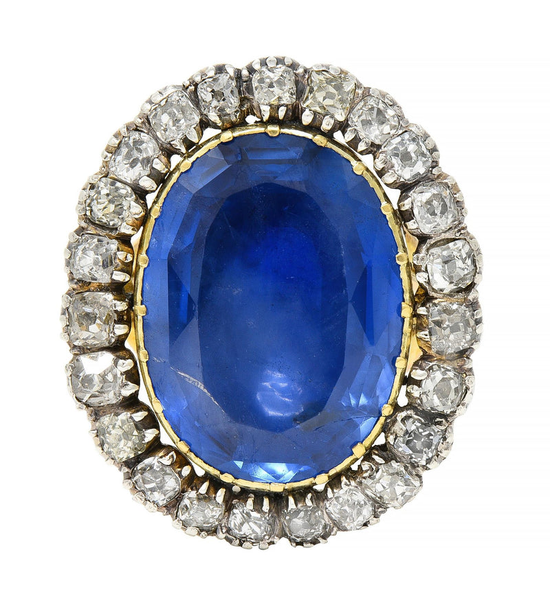 Georgian 13.01 CTW No Heat Burma Sapphire Diamond Silver 14 Karat Antique Gold Halo Ring GIA