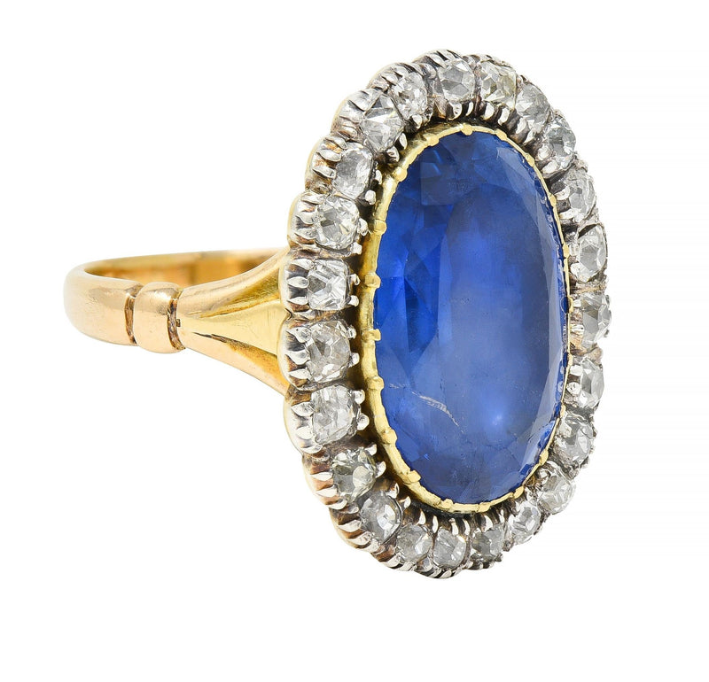 Georgian 13.01 CTW No Heat Burma Sapphire Diamond Silver 14 Karat Antique Gold Halo Ring GIA