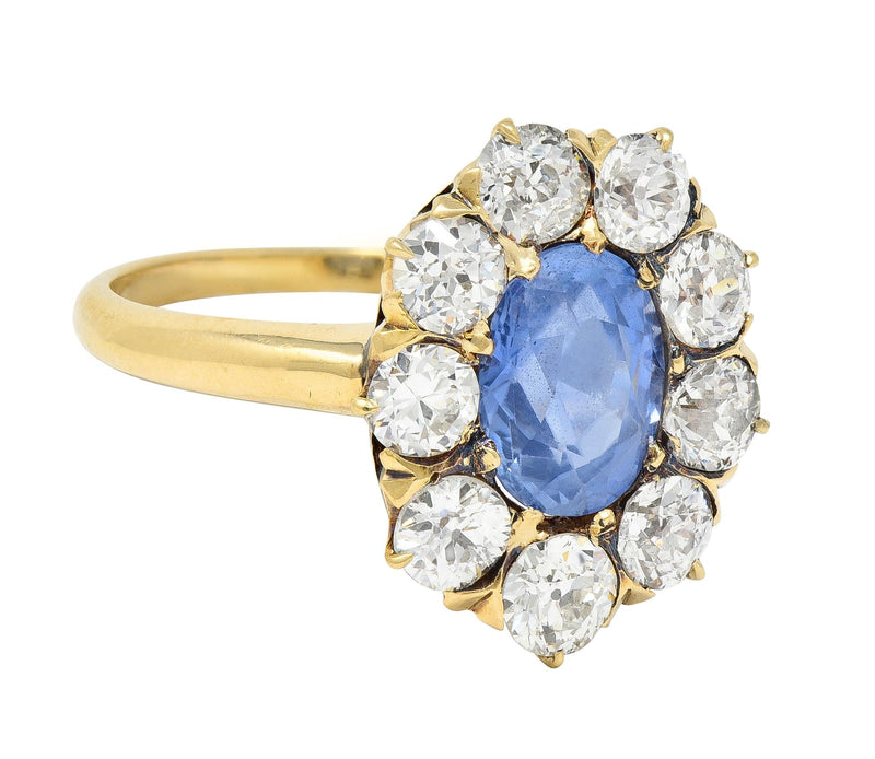 Victorian 1.53 CTW No Heat Ceylon Sapphire Diamond 14 Karat Gold Antique Halo Ring GIA