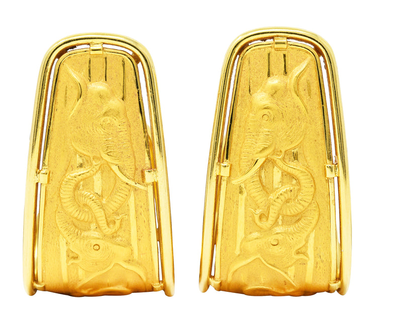 Carrera y Carrera 1980’s 18 Karat Yellow Gold Elephant J-Hoop Vintage Earrings