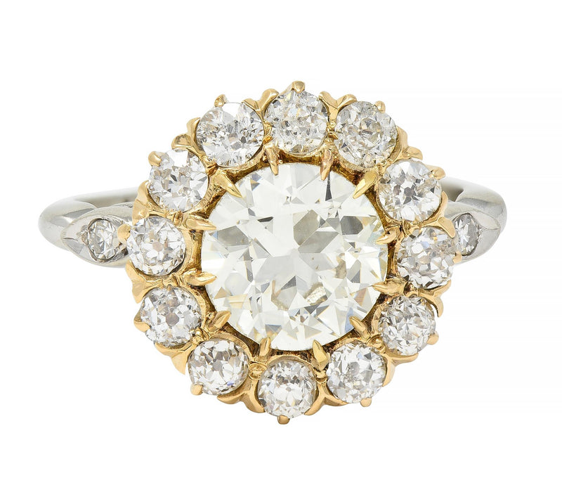 Early Art Deco 2.95 CTW Old European Cut Diamond 14 Karat Two-Tone Gold Vintage Cluster Ring