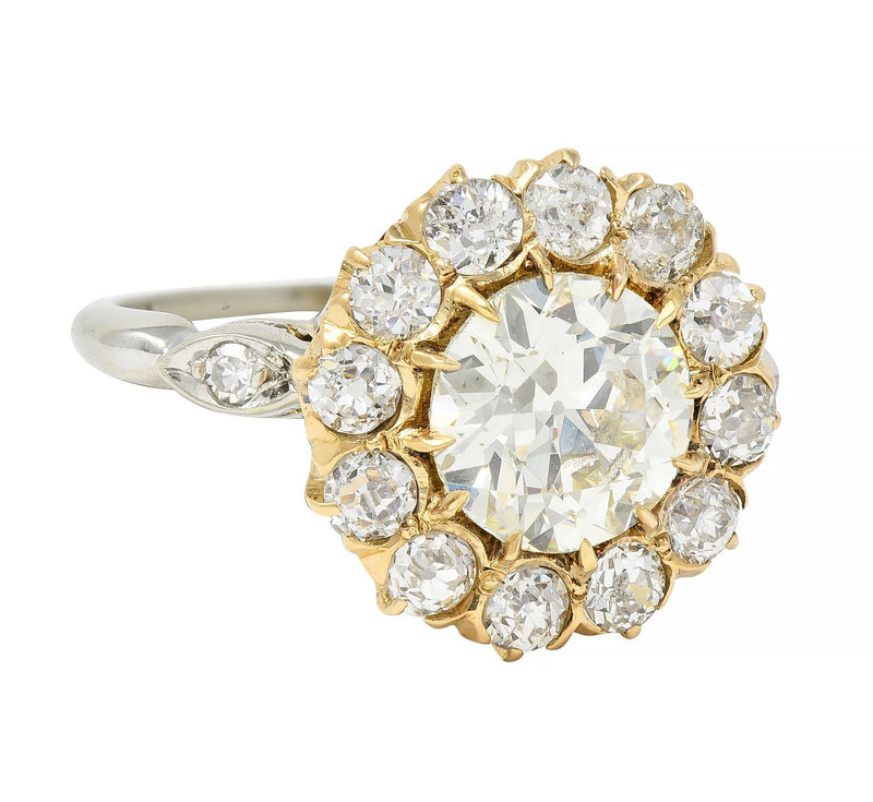 Early Art Deco 2.95 CTW Old European Cut Diamond 14 Karat Two-Tone Gold Vintage Cluster Ring