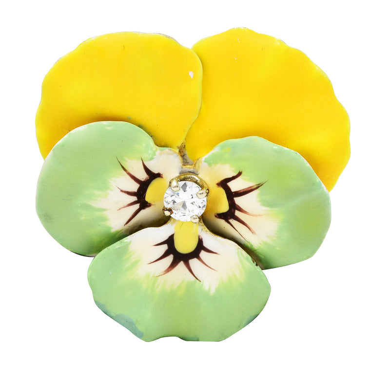 Art Nouveau Old European Cut Diamond Enamel 14 Karat Yellow Gold Pansy Antique Brooch